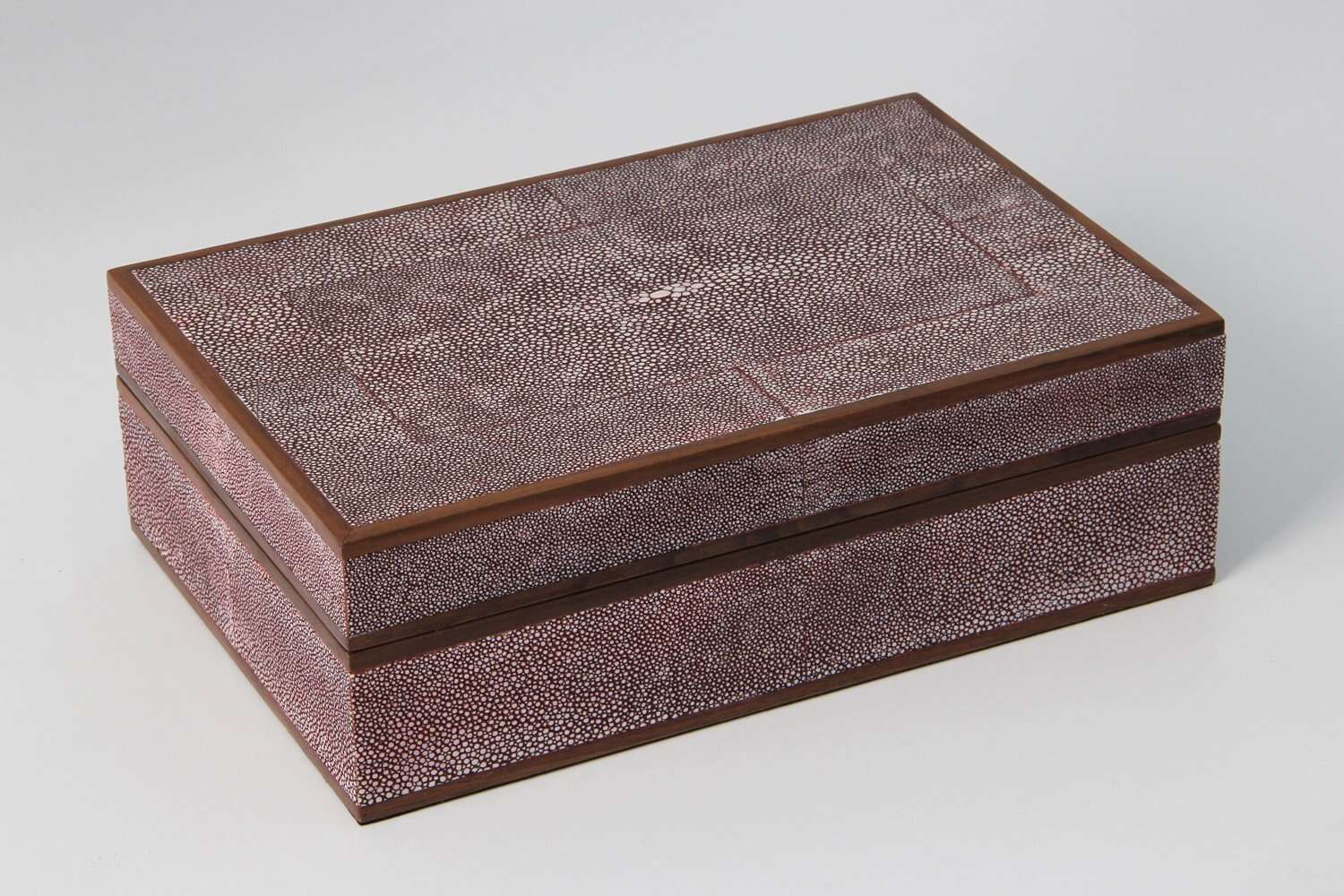 Mulberry faux shagreen jewellery box by Forwood Design, open showing smoky blue suede lining and mirror