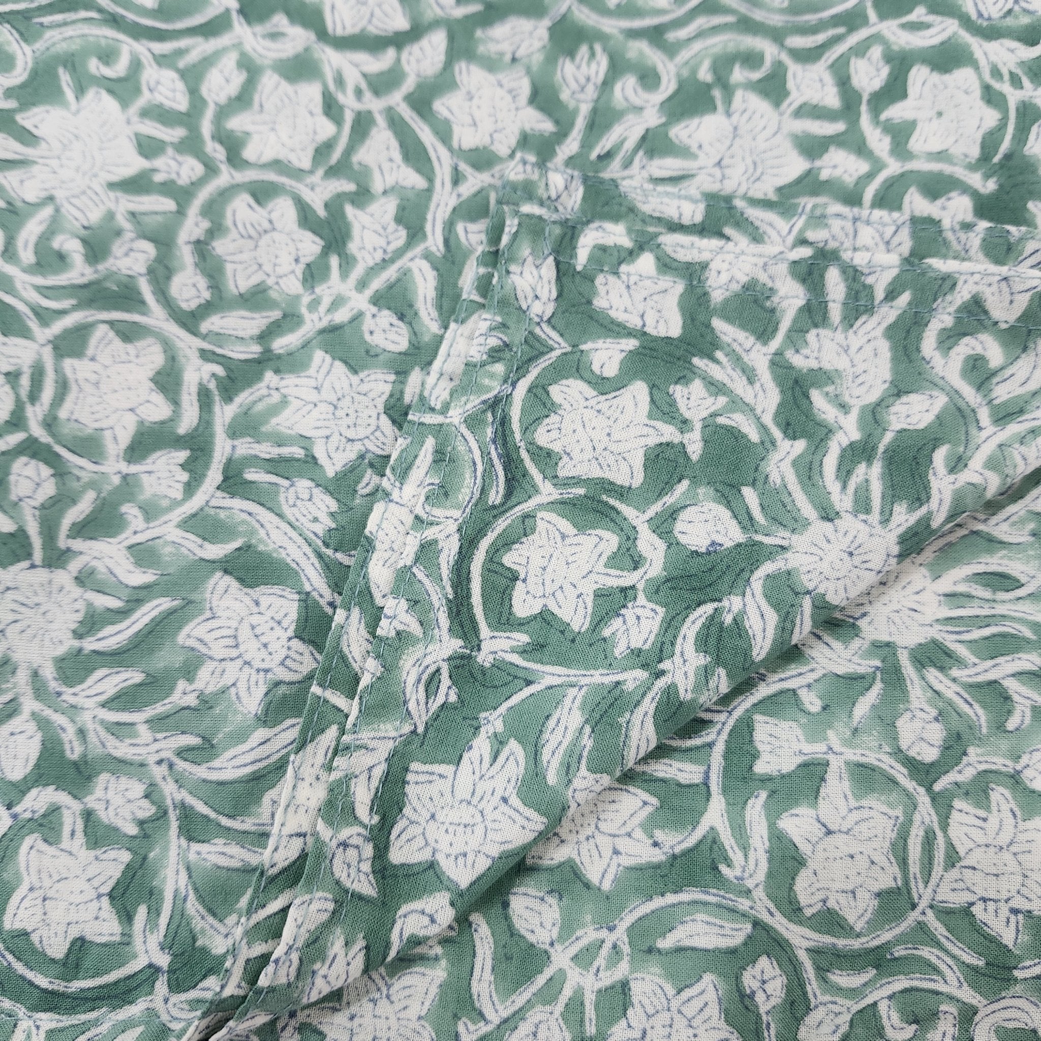 Floral Green cotton napkins, set of two with all-over floral block print, 45 x 45 cm