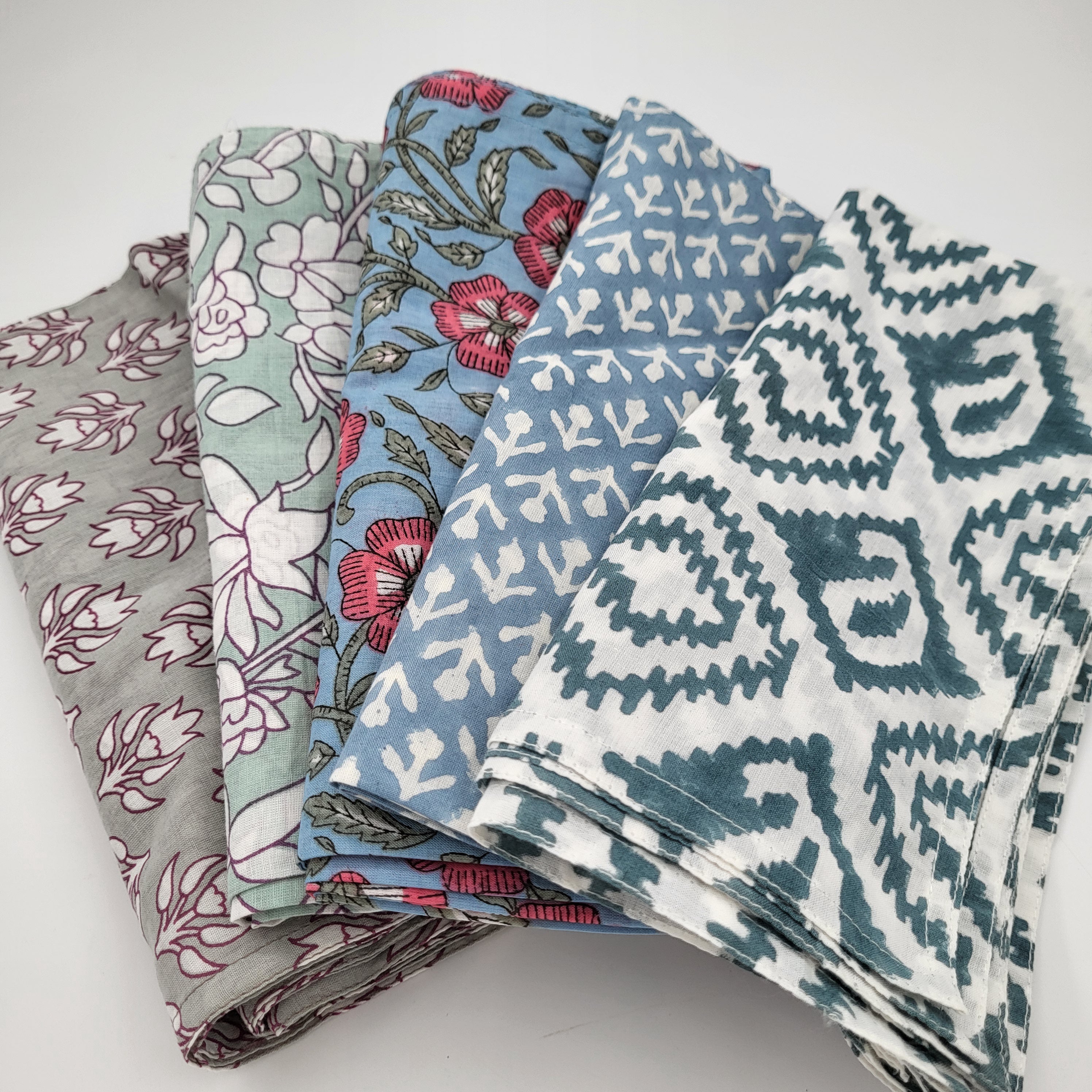 Set of 6 assorted block-printed cotton napkins, 50 cm
