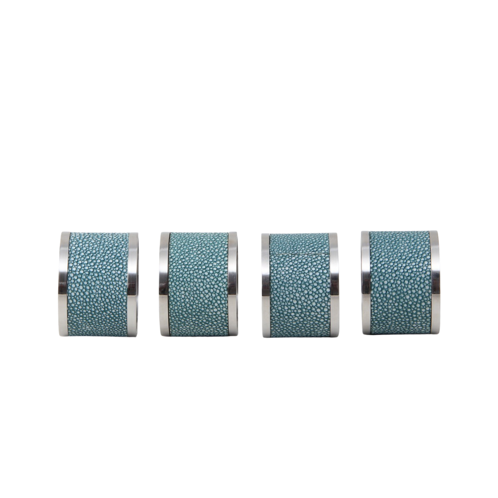 Teal faux shagreen napkin rings by Forwood Design, set of 4, showing all four rings