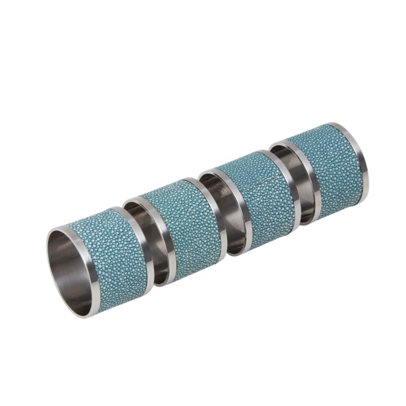 Teal faux shagreen napkin rings by Forwood Design, set of 4, styled on a dinner table
