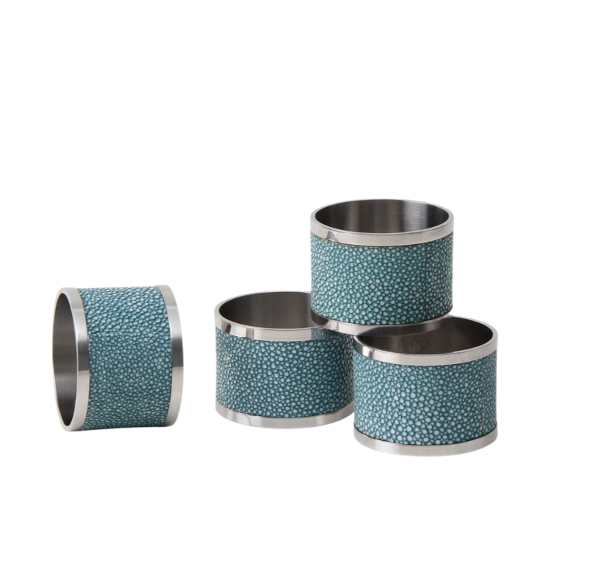 Faux shagreen napkin rings in teal, set of 4, stainless steel, 5 cm diameter, Forwood Design