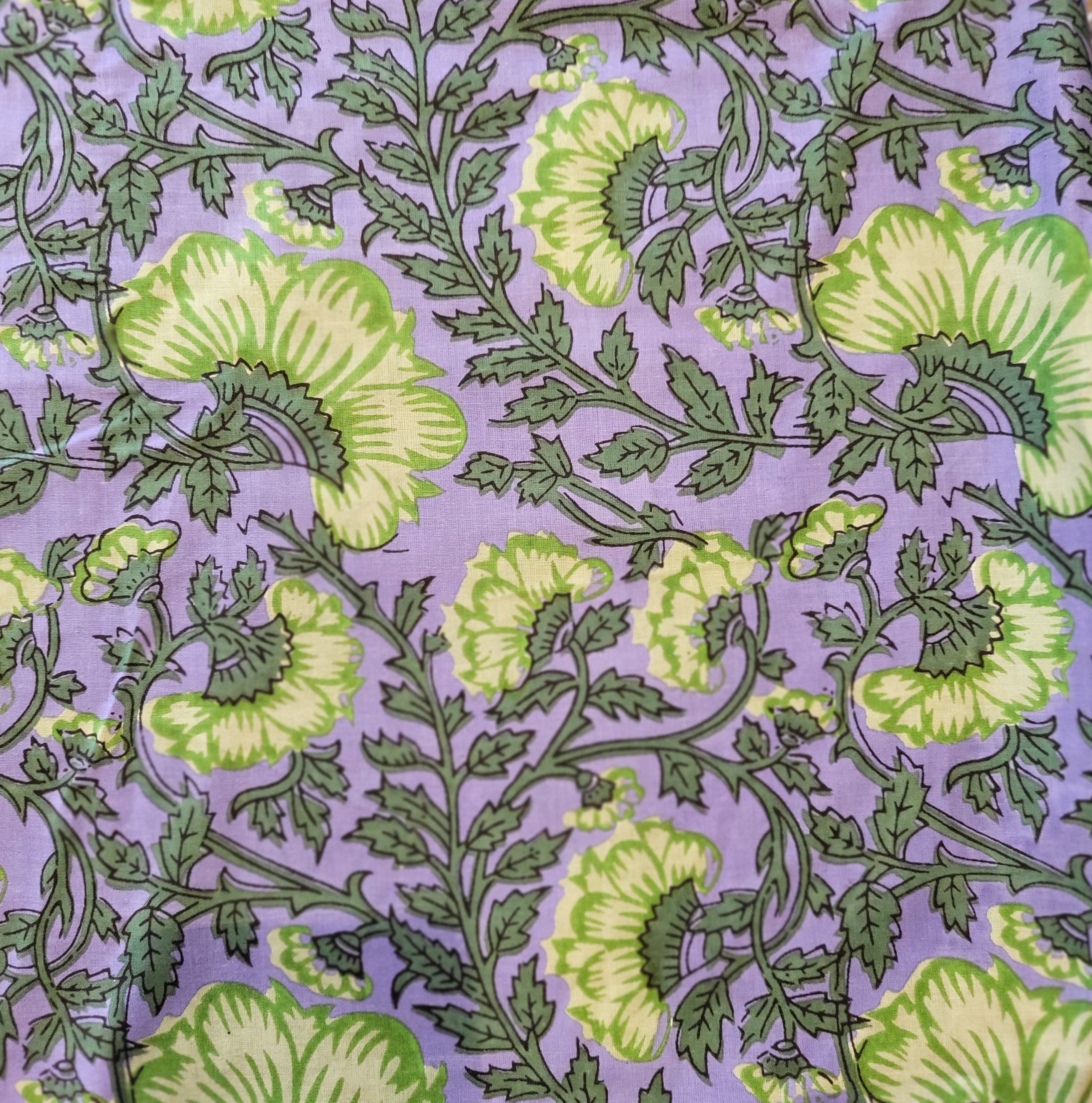 Blue and green floral block-print cotton napkin