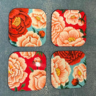 Lacquer coasters with peony design, set of four, hand-painted, high-gloss