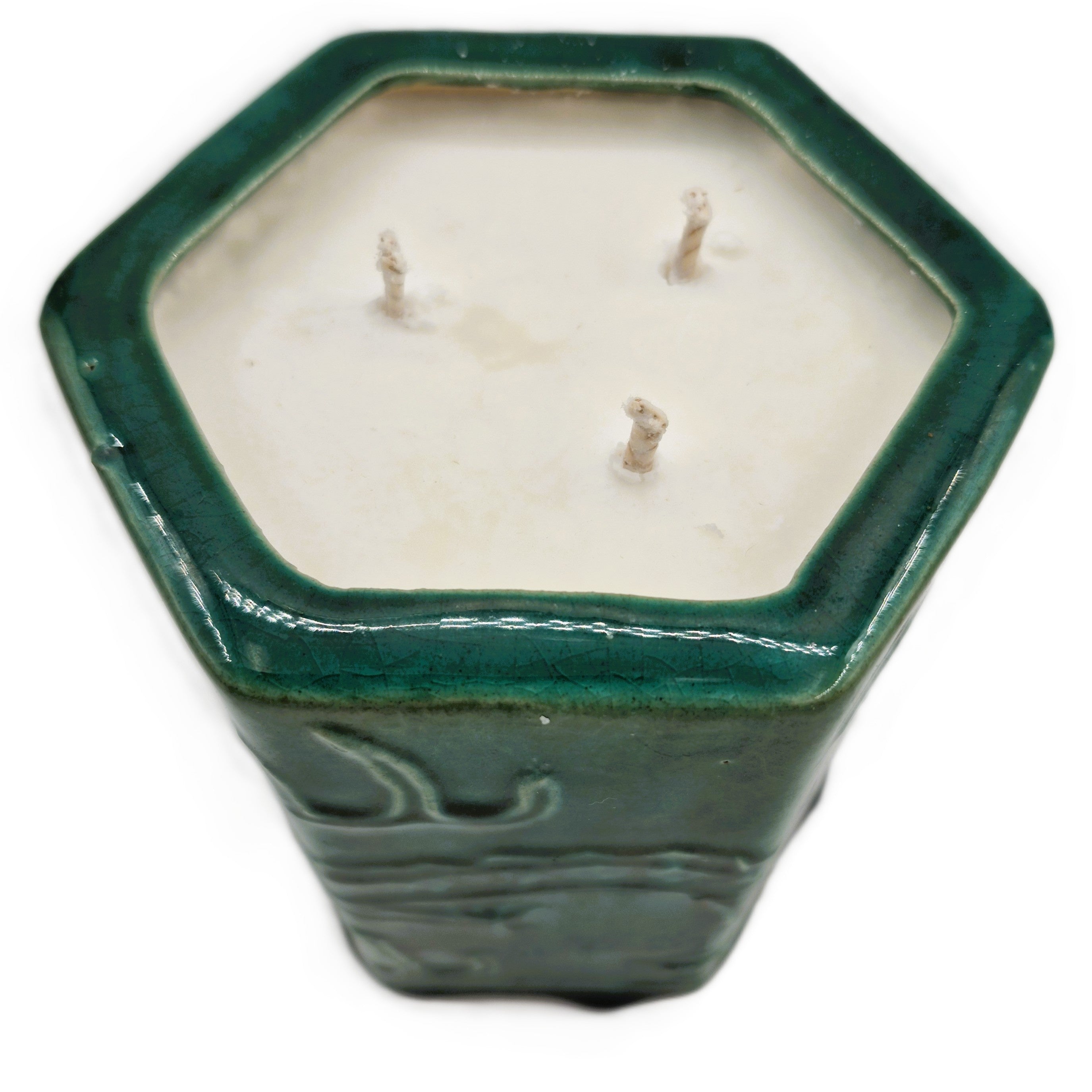Emerald Dragon scented candle, hexagonal emerald pot with dragon and clouds, Big Wave Bay scent