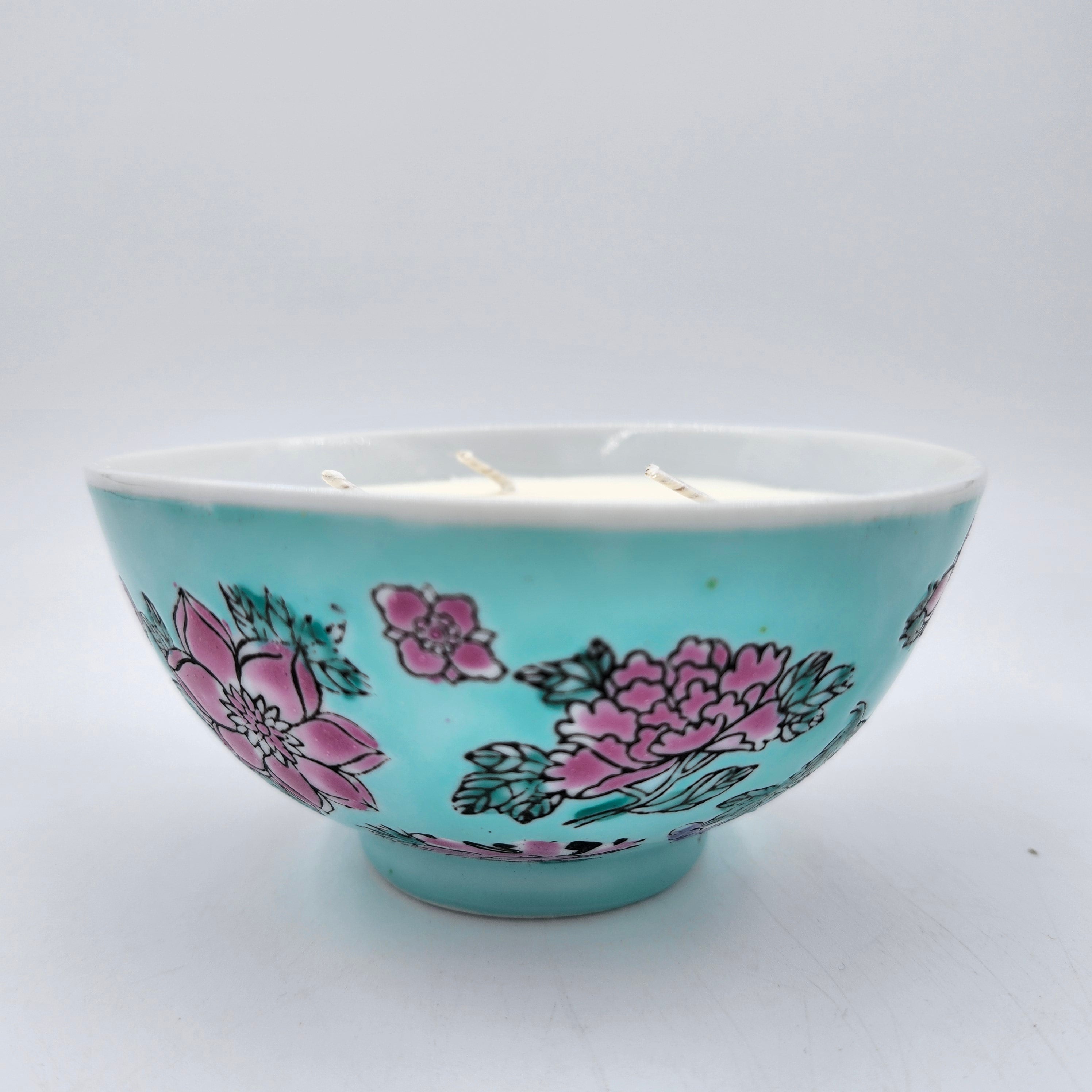 Teal Bowl candle, floral teal bowl, styled view