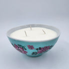 Teal Bowl candle, flower-decorated teal rice bowl, detail