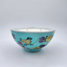 Teal Bowl scented candle in teal rice bowl decorated with colourful flowers, organic soy wax