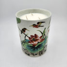 Kingfisher and Lotus scented candle, tall pot painted with kingfishers and lotus flowers, Mui Wo scent