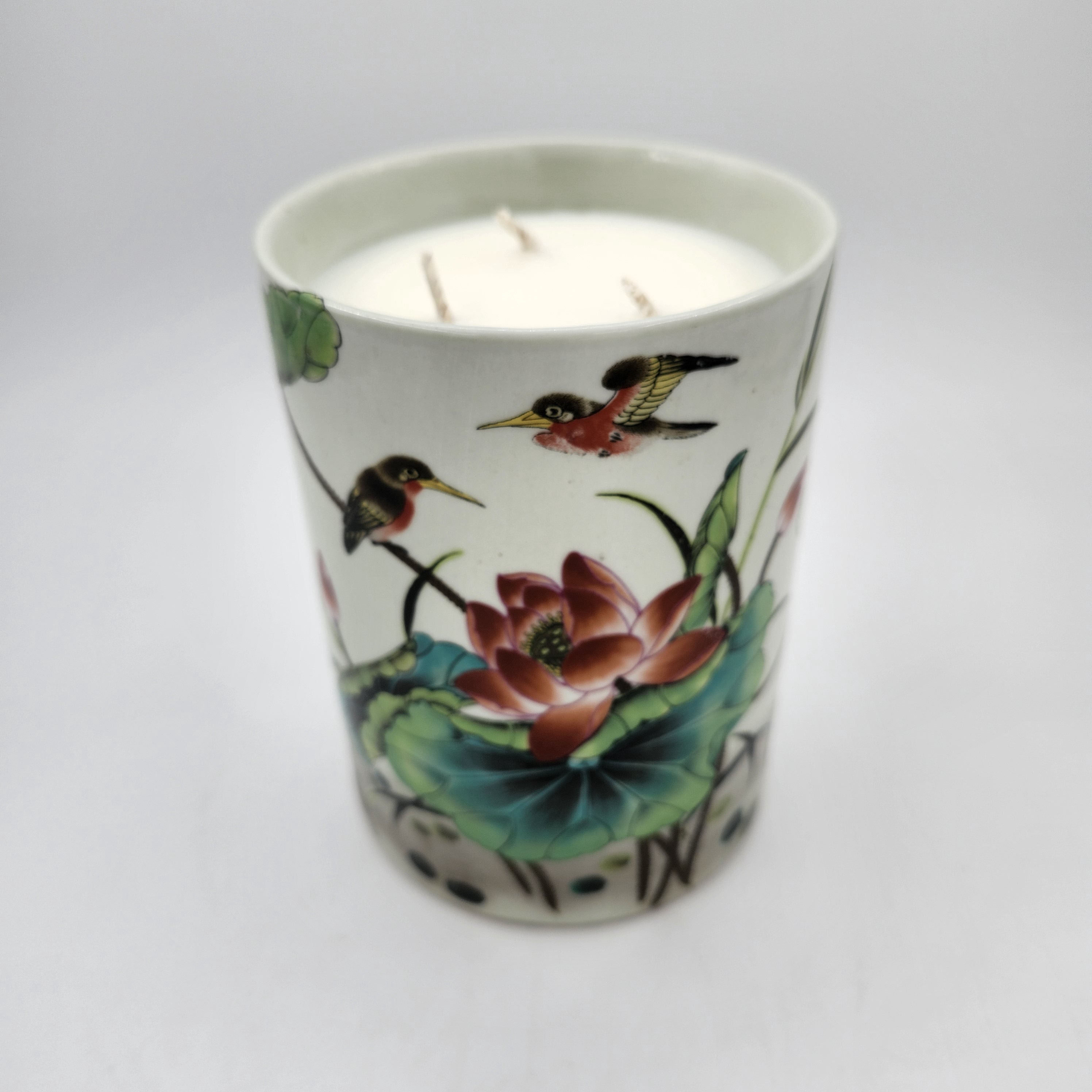 Kingfisher and Lotus scented candle, tall pot painted with kingfishers and lotus flowers, Mui Wo scent