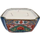 Imari candle in painted porcelain square dish, styled view