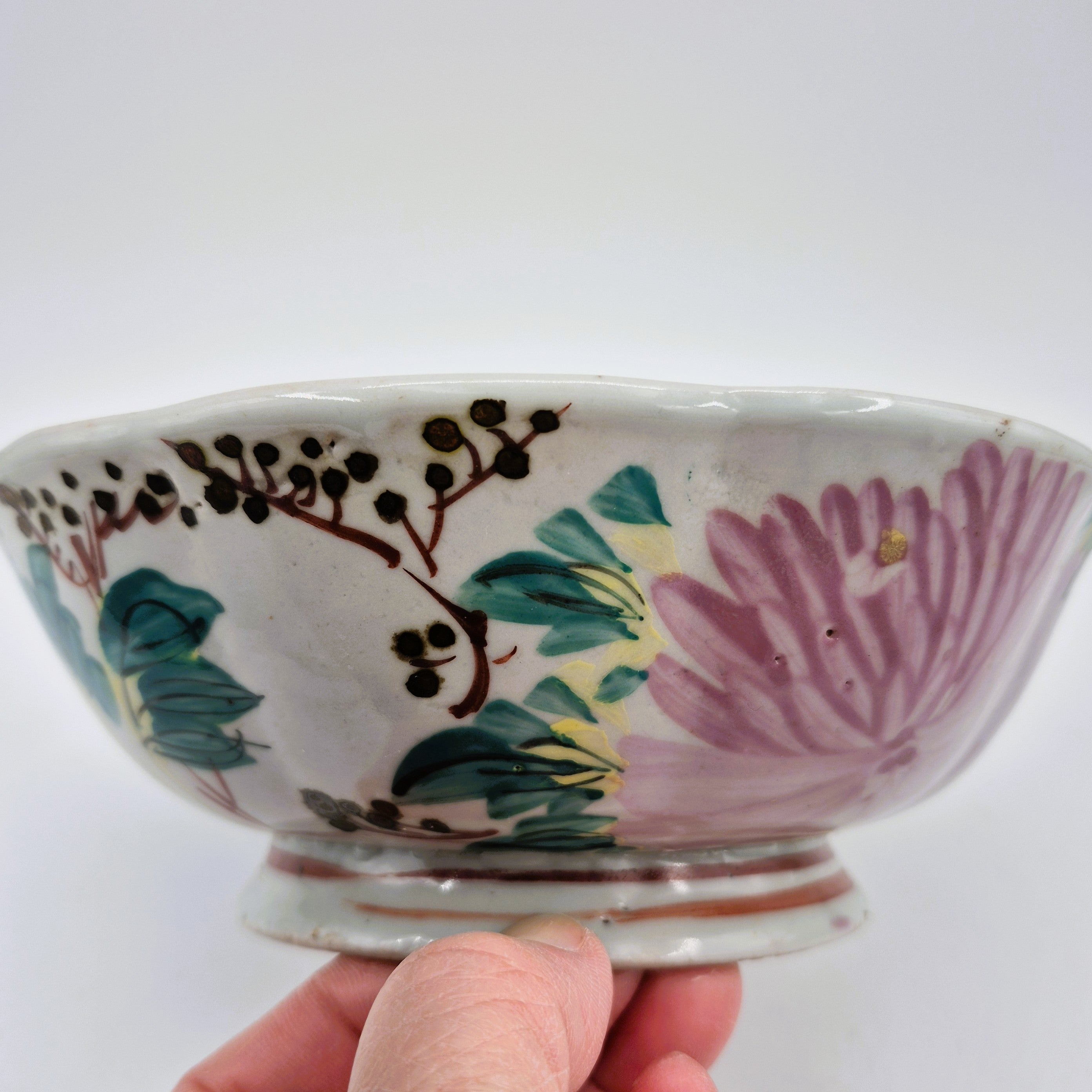 Pink Chrysanthemum scented candle, ceramic bowl painted with a pink chrysanthemum, Stanley scent