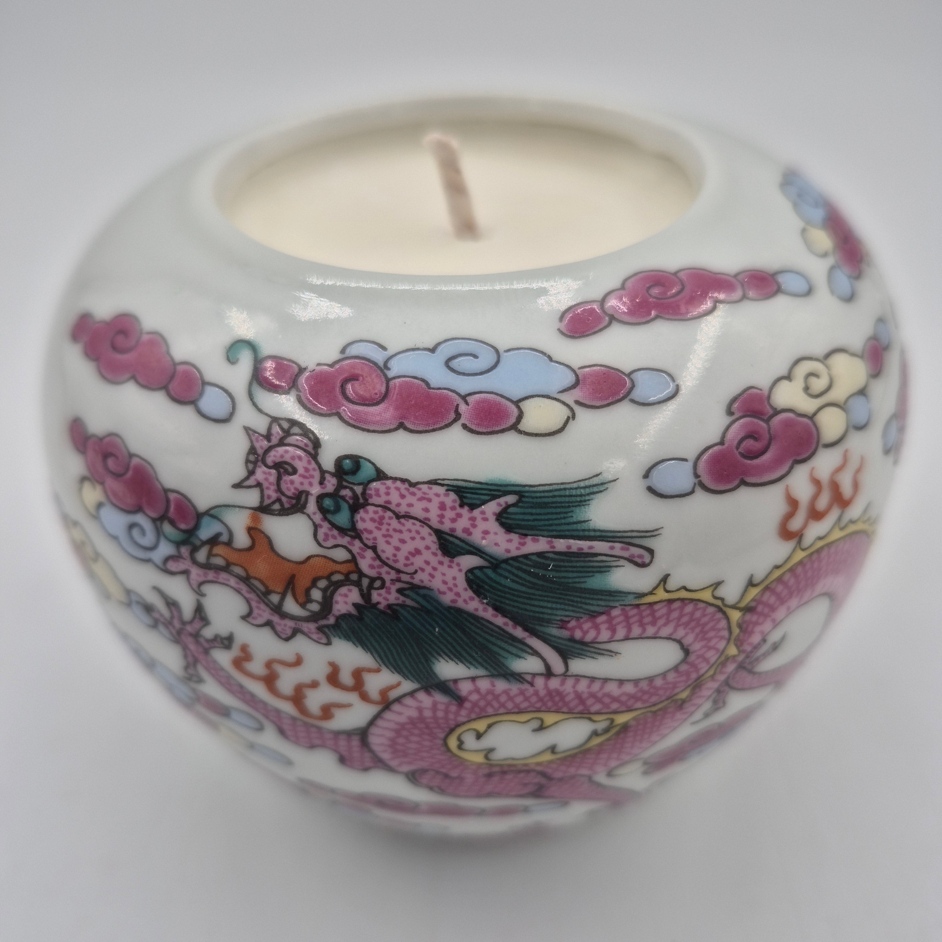 Pink Dragon scented candle, ceramic pot featuring a pink dragon, organic soy wax