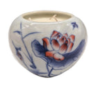 Red Lotus scented candle, small ceramic jar with blue design and a red lotus, organic soy wax