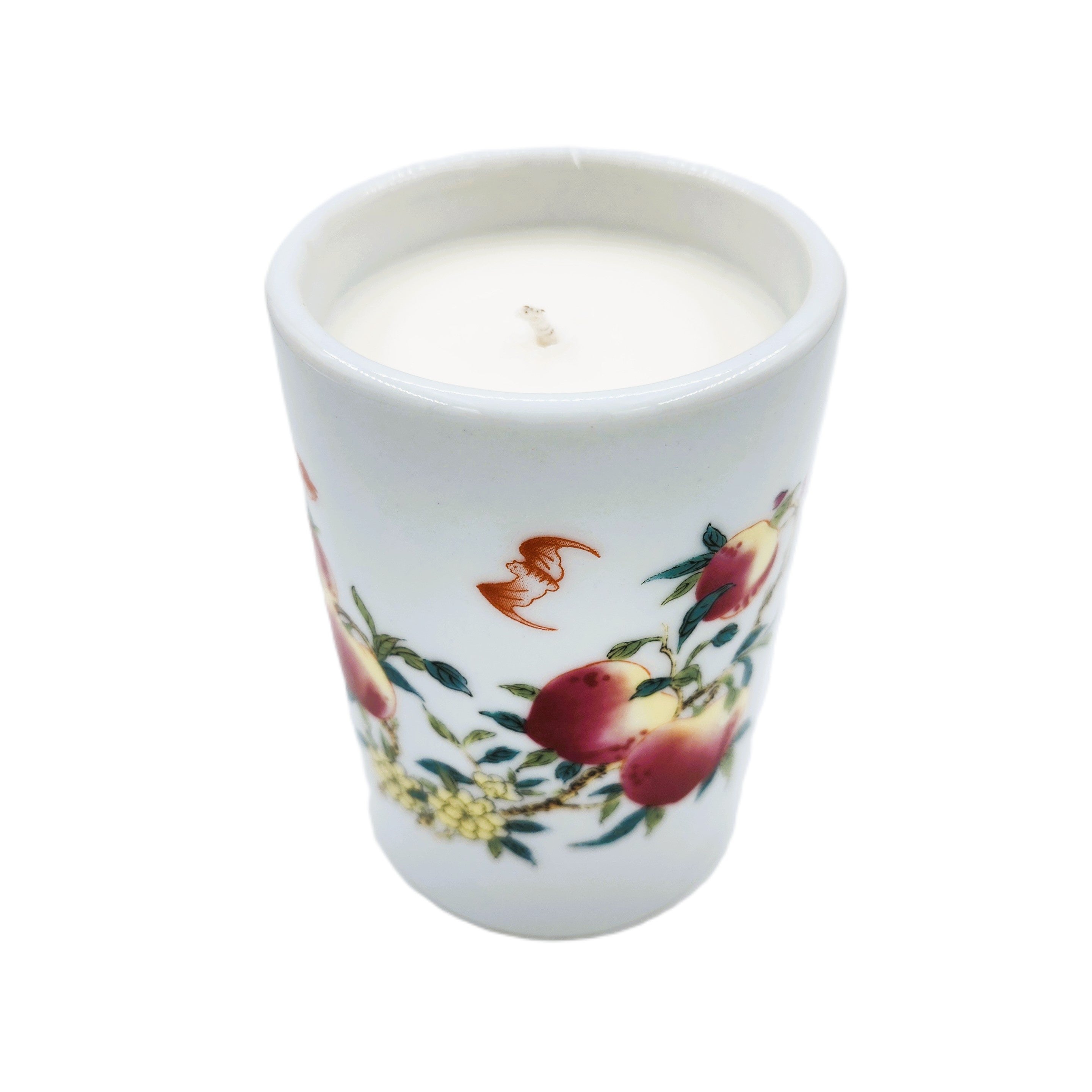 Bats and Peaches scented candle, ceramic pot painted with peaches and bats, Happy Valley scent
