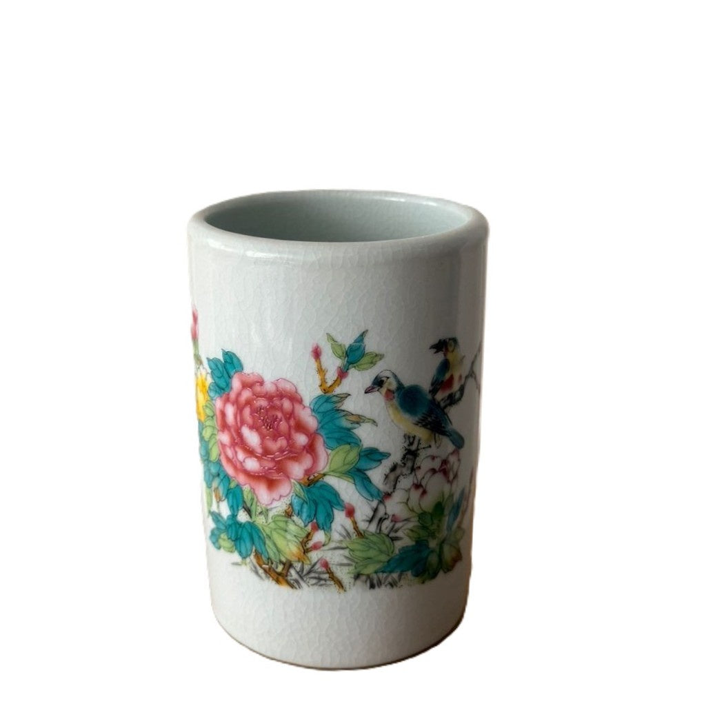 Birds scented candle in ceramic jar hand-painted with birds, leaves and flowers, Tiger's Head scent
