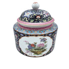 Bouquet scented candle, navy blue ceramic jar hand-painted with peony bouquets, Lobster Bay scent