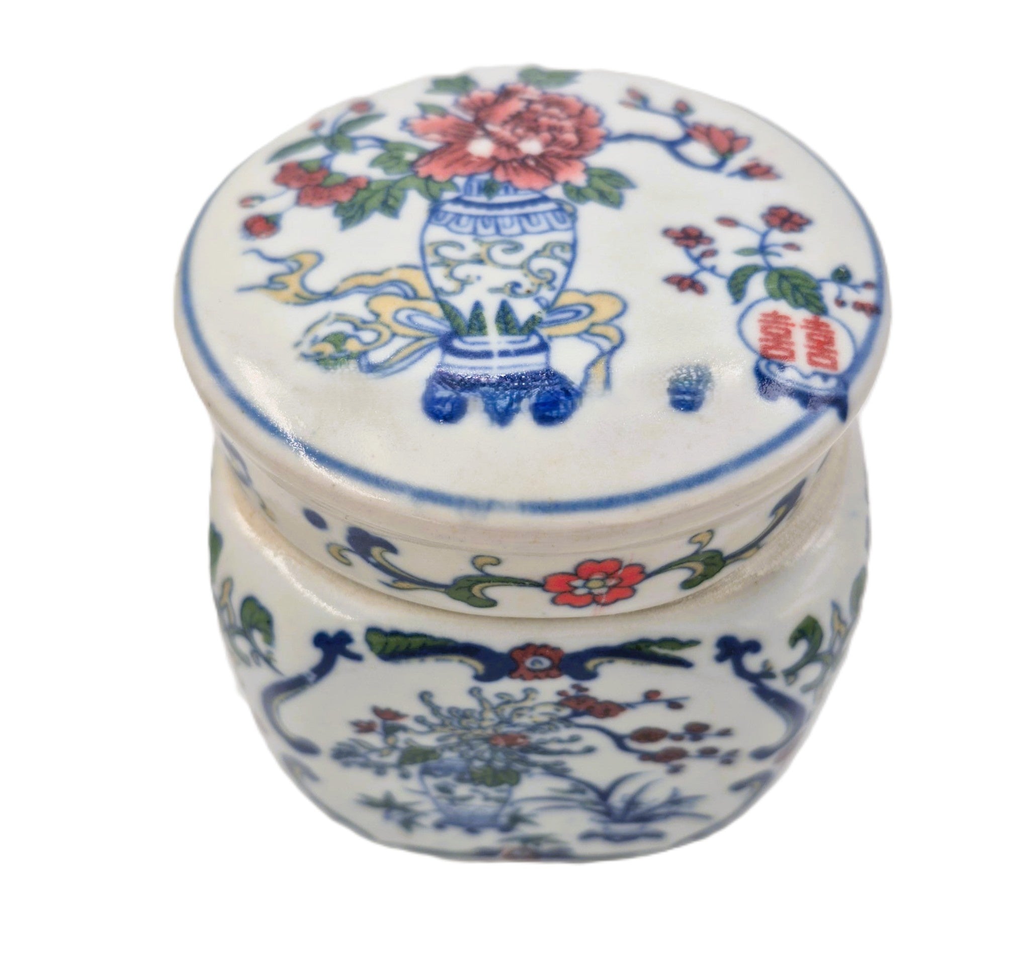 Vases with Flowers scented candle, lidded pot painted with vases of flowers, Tiger's Head scent