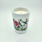 Birds scented candle, ceramic jar painted with birds on a branch, Tiger's Head scent, detail