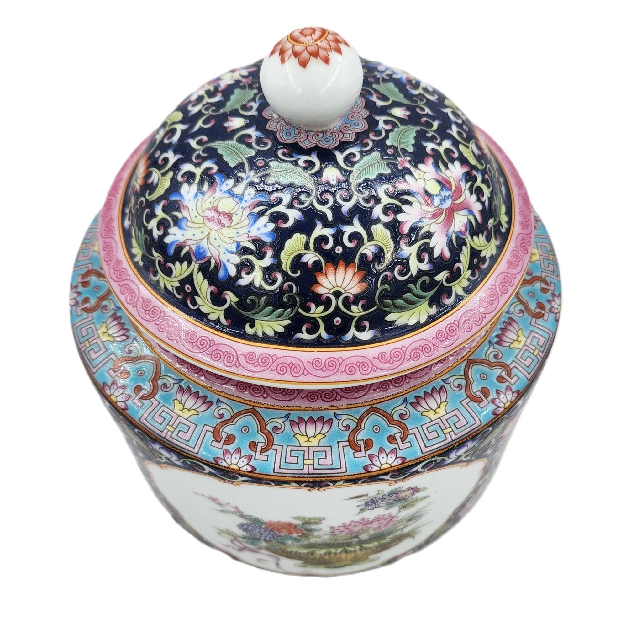 Bouquet candle, navy blue patterned ceramic jar, organic soy wax, styled view