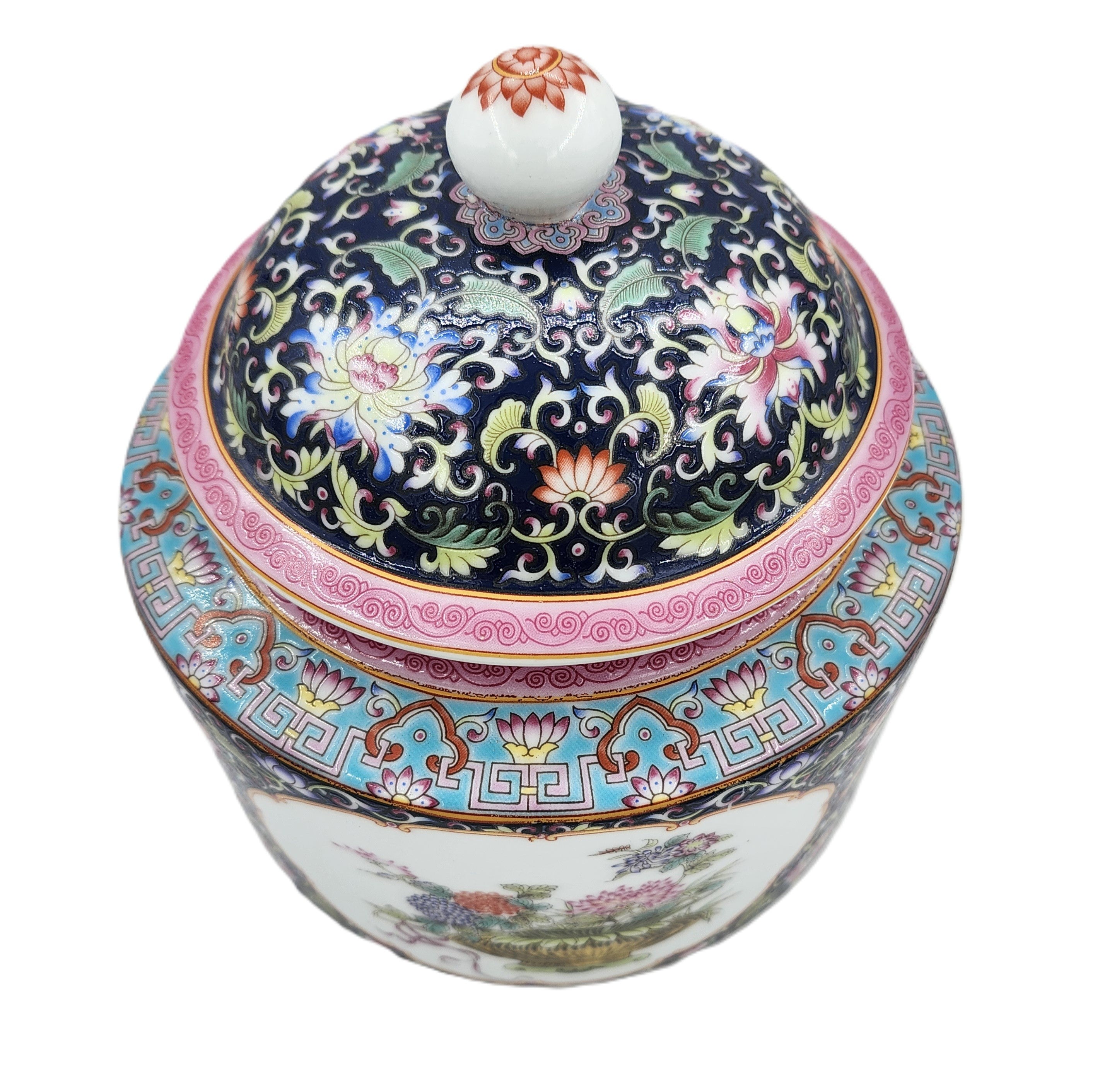 Bouquet candle, navy blue patterned ceramic jar, organic soy wax, styled view