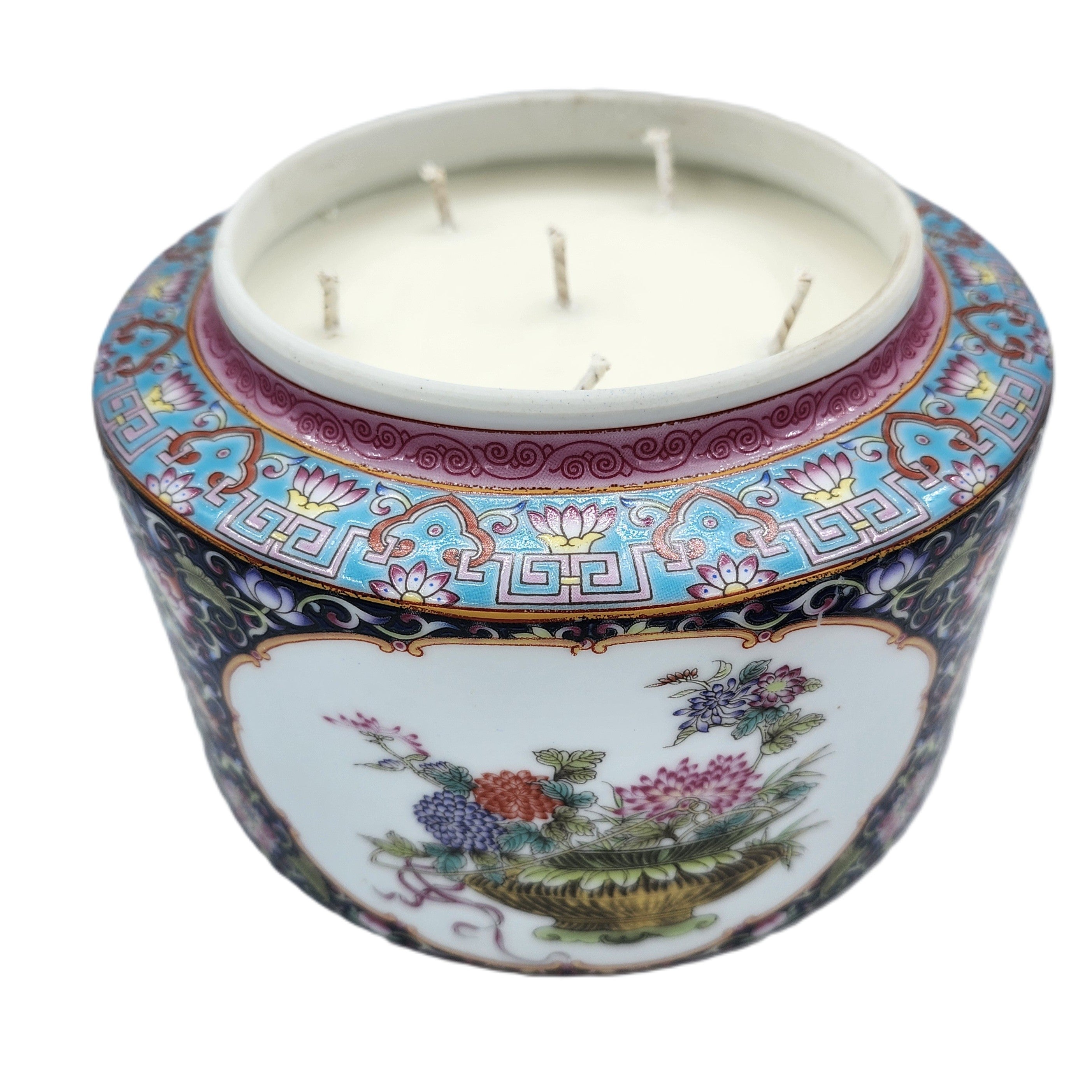 Bouquet candle, hand-painted peony panel on domed-lid jar, detail