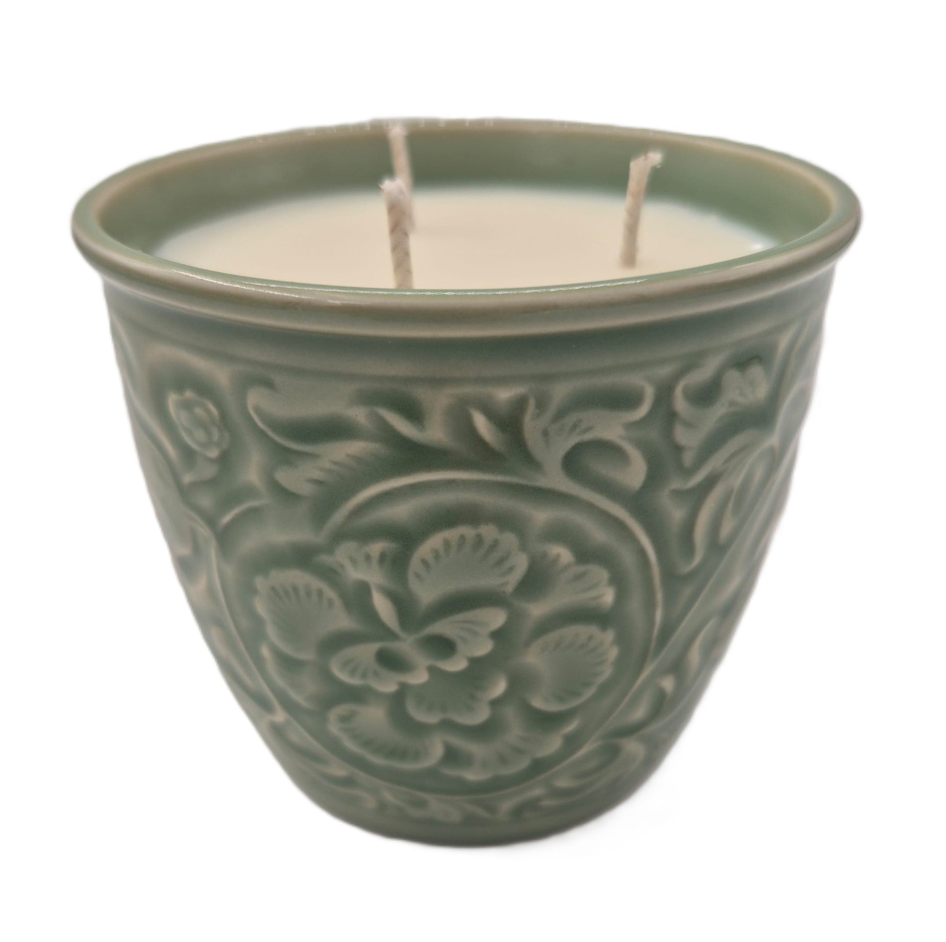 Celadon Jacquard candle, celadon relief pot, detail