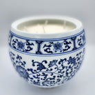 Chrysanthemum candle, chrysanthemum-painted ceramic jar, styled view