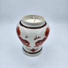 Foo Dogs candle, hand-painted foo dogs on ceramic jar, detail
