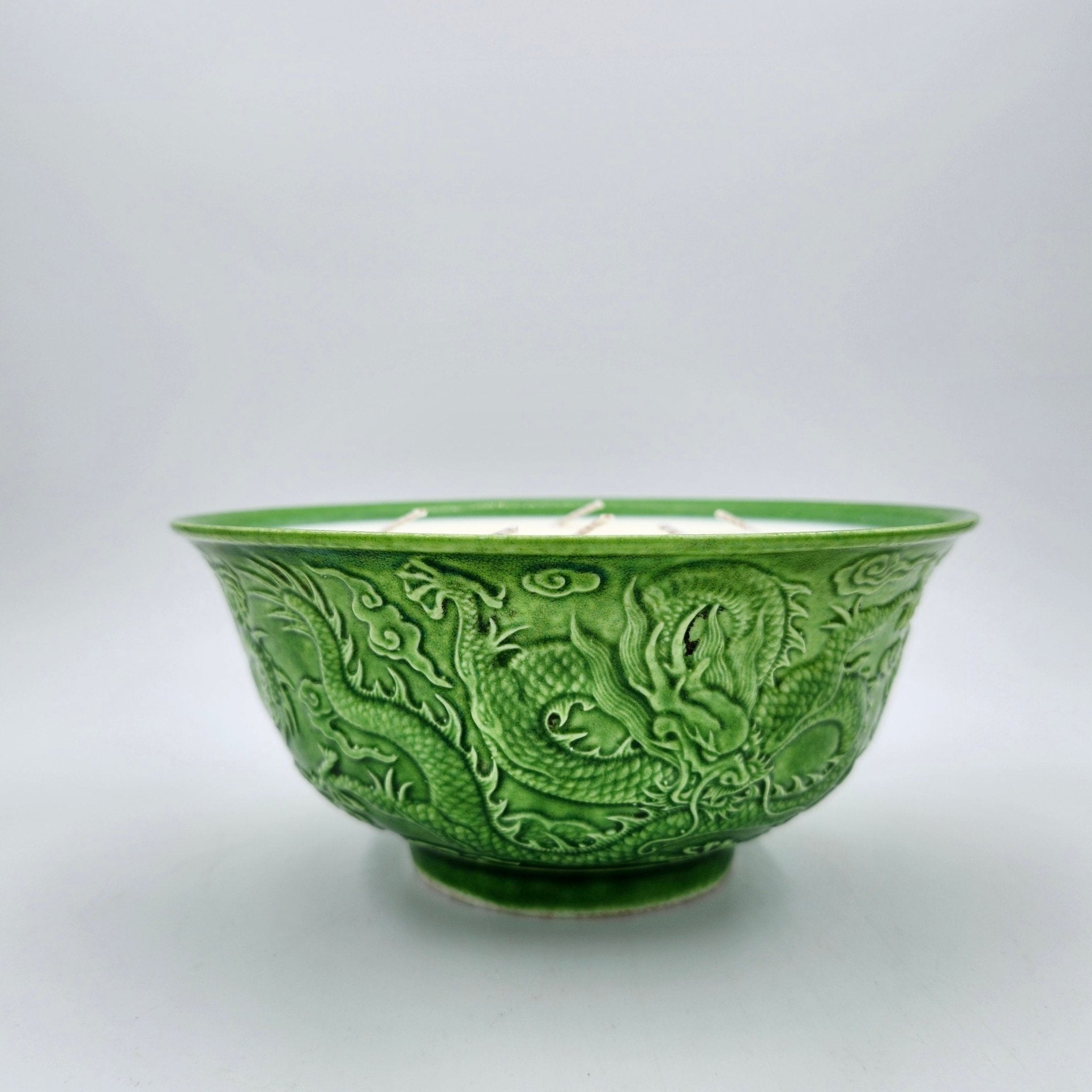Grass Green Dragon candle, three-wick green bowl, organic soy wax, detail