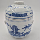 Pagoda scented candle, blue and white ceramic pot painted with a pagoda, Mui Wo scent, detail