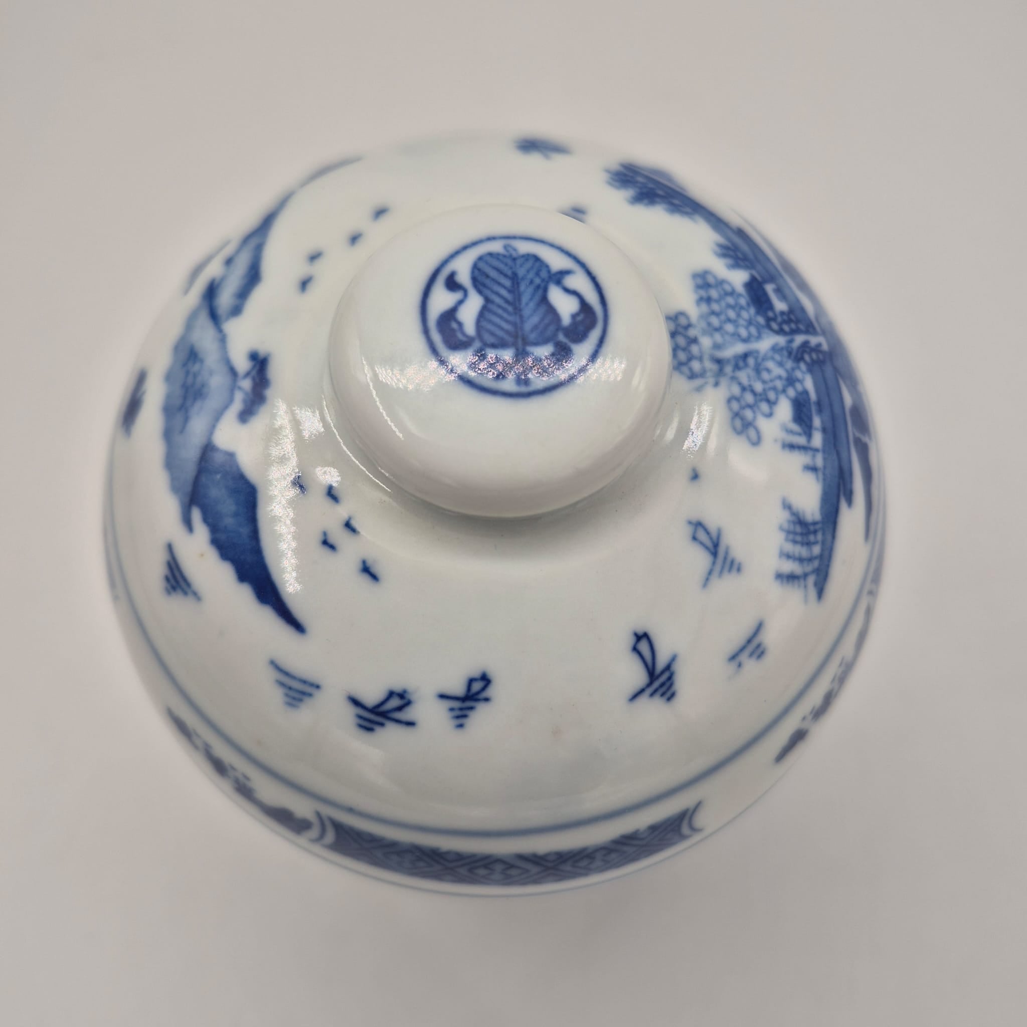 Pagoda candle, blue and white painted pot, detail
