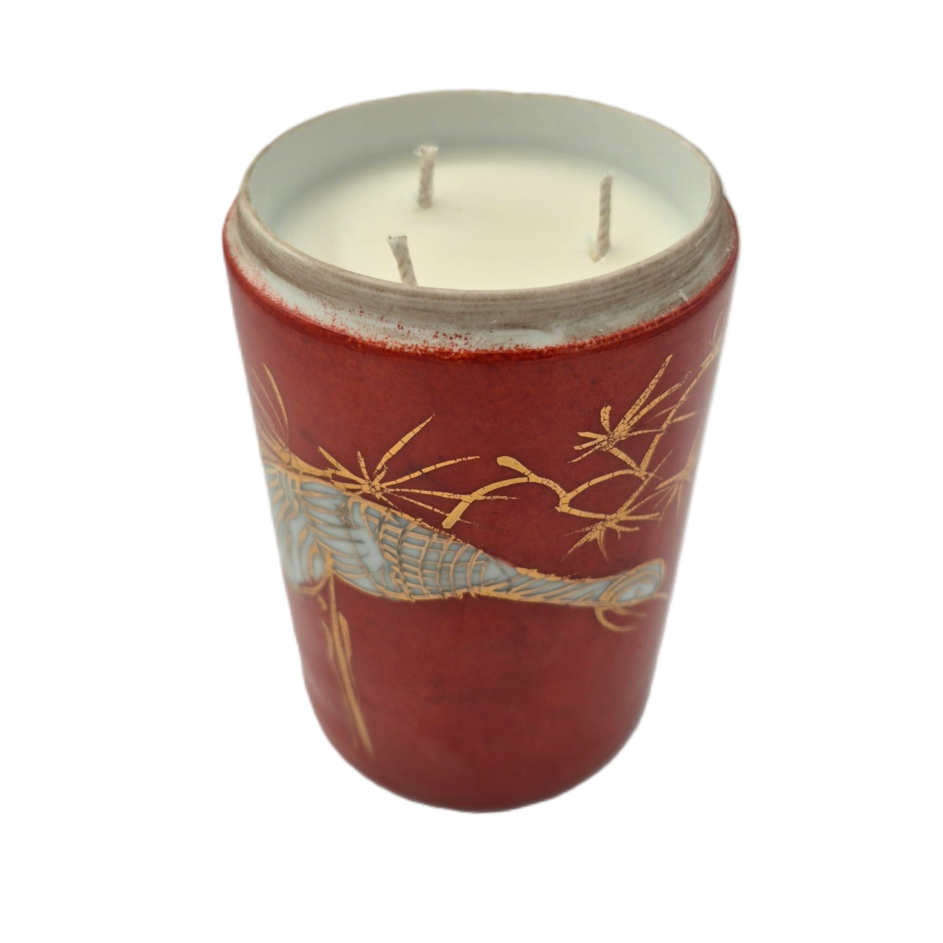 Red Crane candle, red crane-painted pot, detail