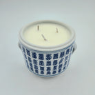 Tradition candle, blue and white lidded pot, detail