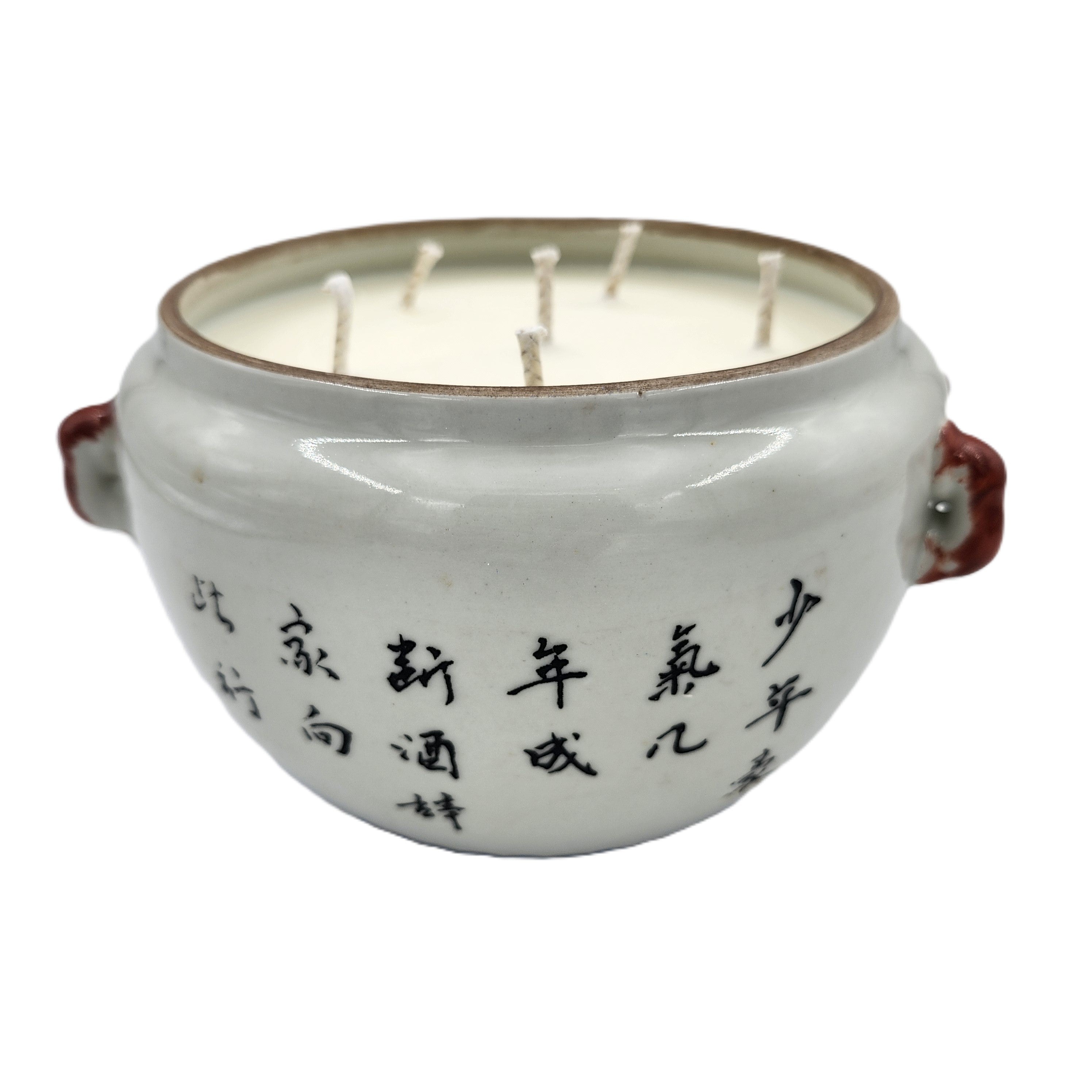 A Journey Begins candle, hand-painted Chinese figures on ceramic jar, detail