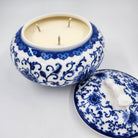 Scented candle in a blue & white floral pot