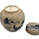 Rural Village candle, rural-scene painted ceramic pot, detail
