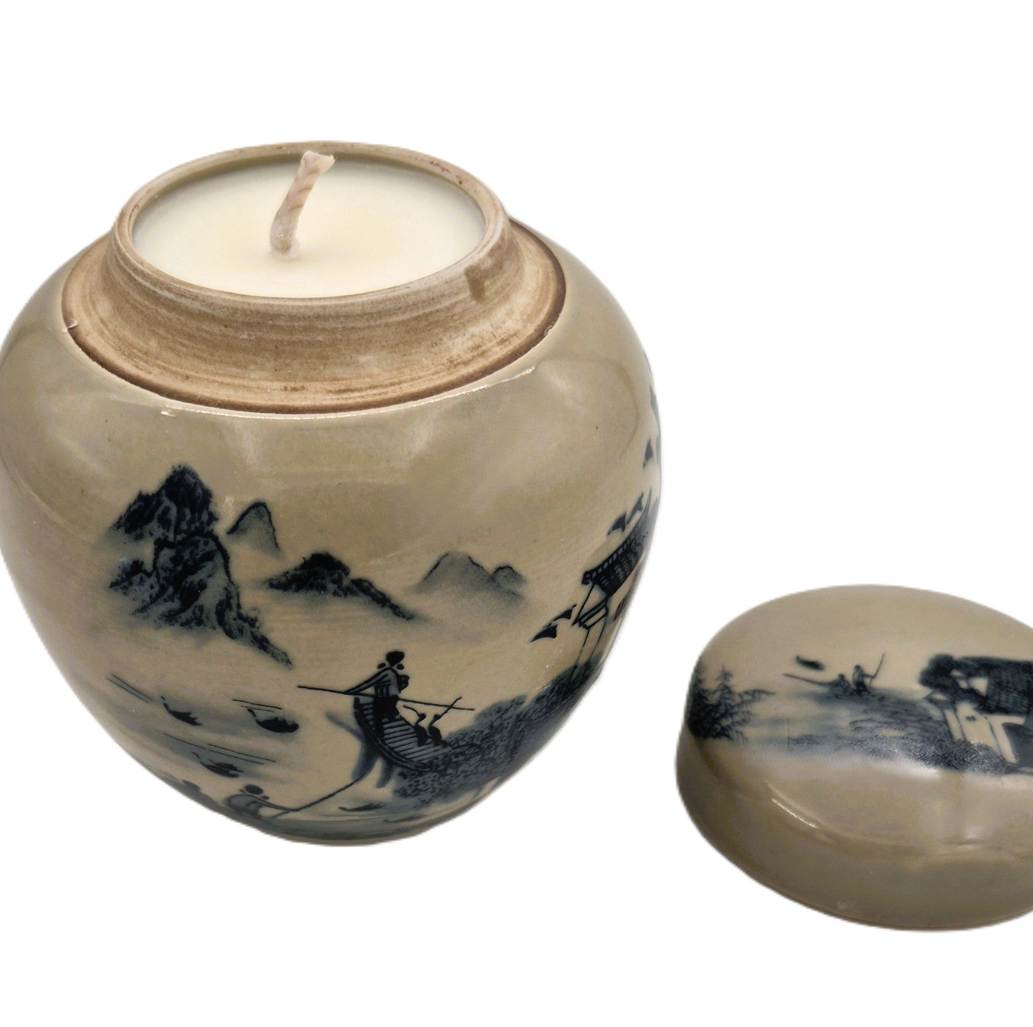 Rural Village candle, rural-scene painted ceramic pot, detail