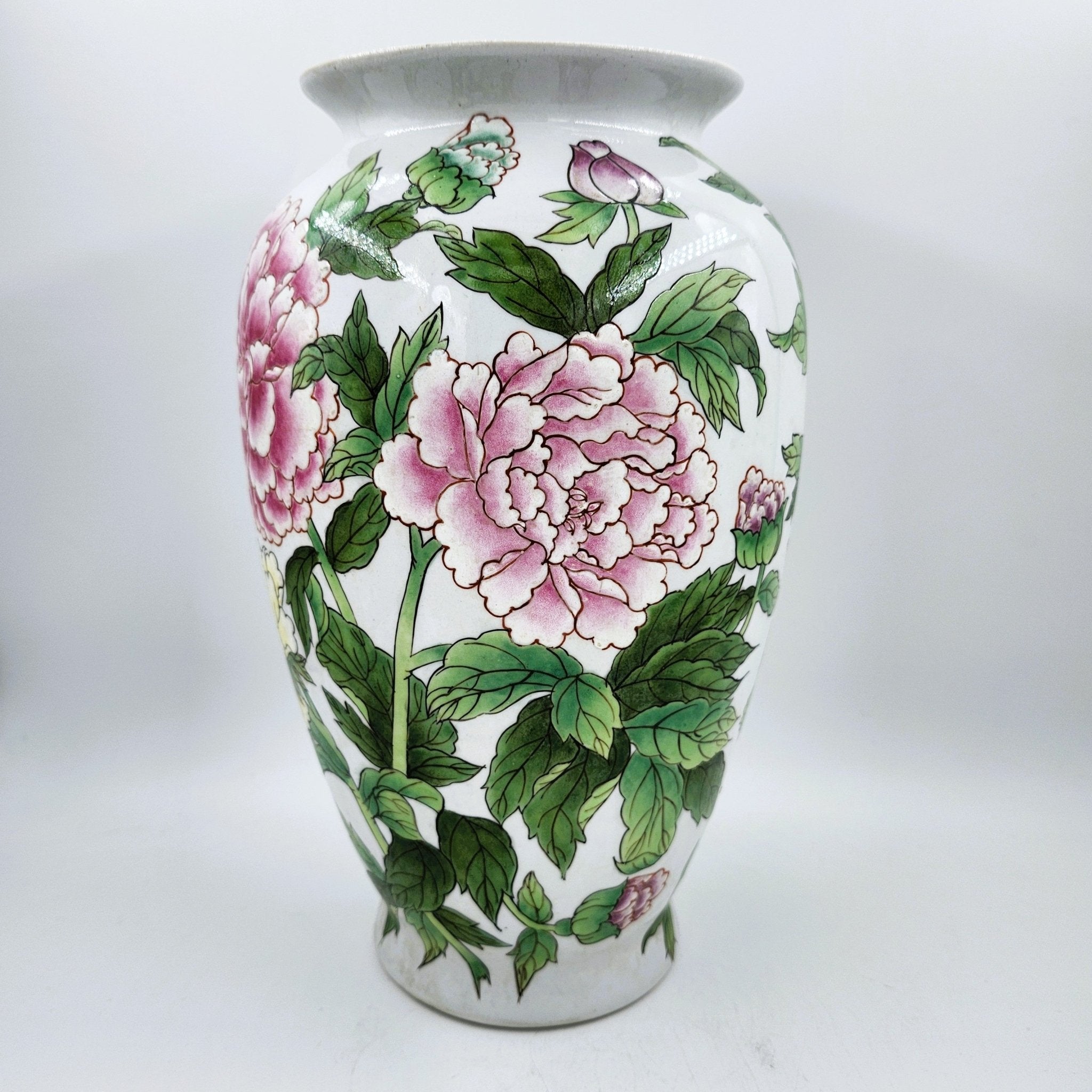 Famille Rose vase with pink and yellow peonies on white, 30cm high