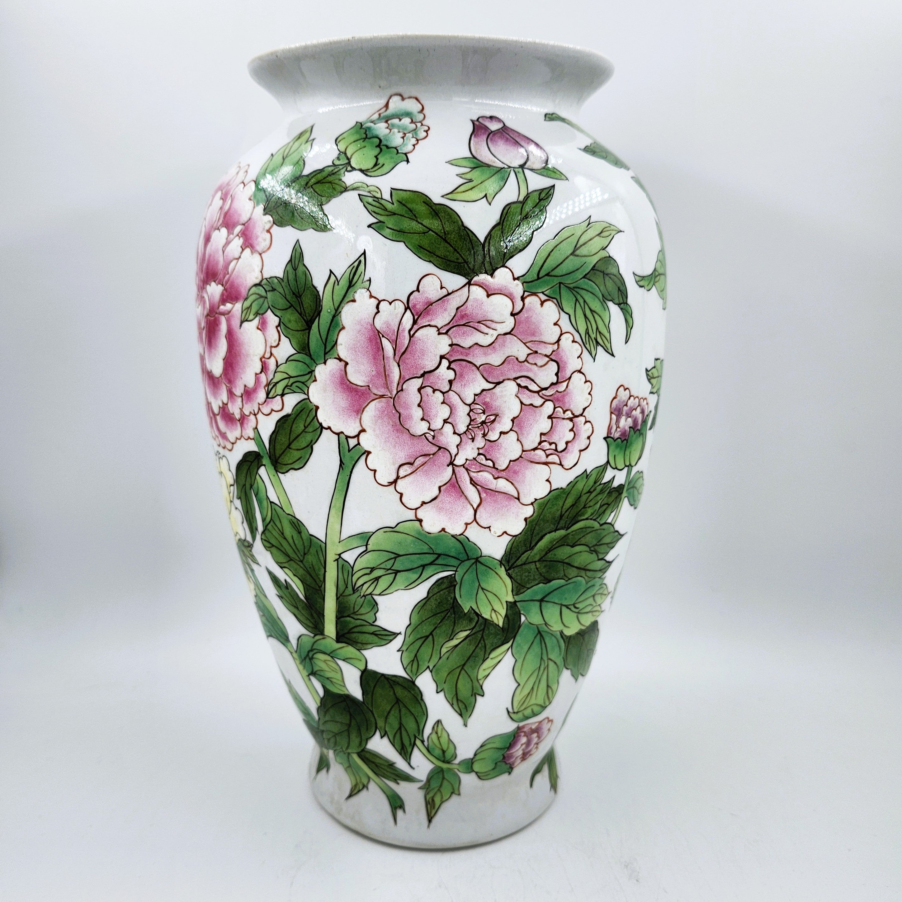 Famille Rose vase with pink and yellow peonies on white, 30cm high