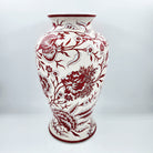Porcelain vase with red and white flowers and pomegranates on cream, 32cm high