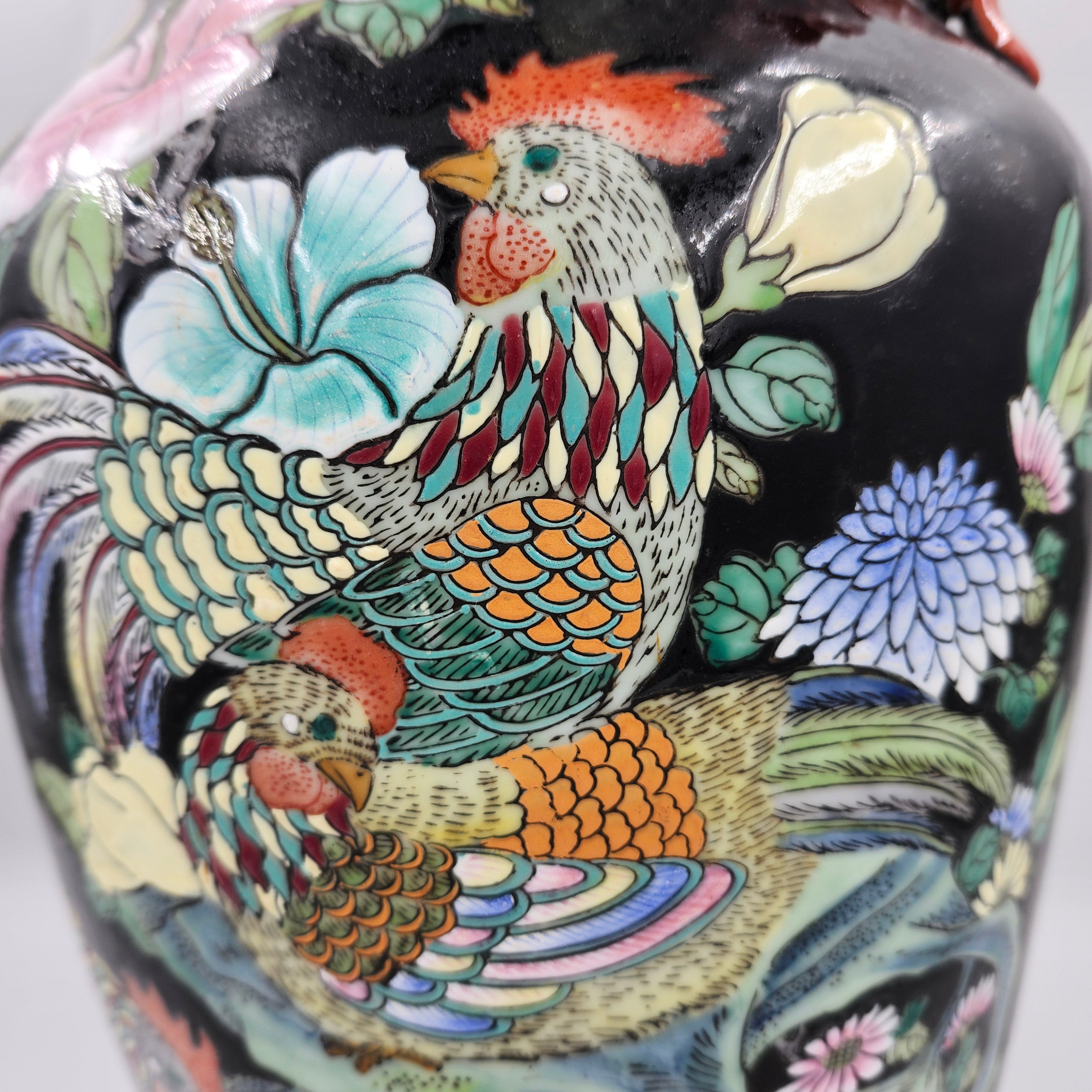 Vintage Famille Rose cockerel vase, hand-painted detail