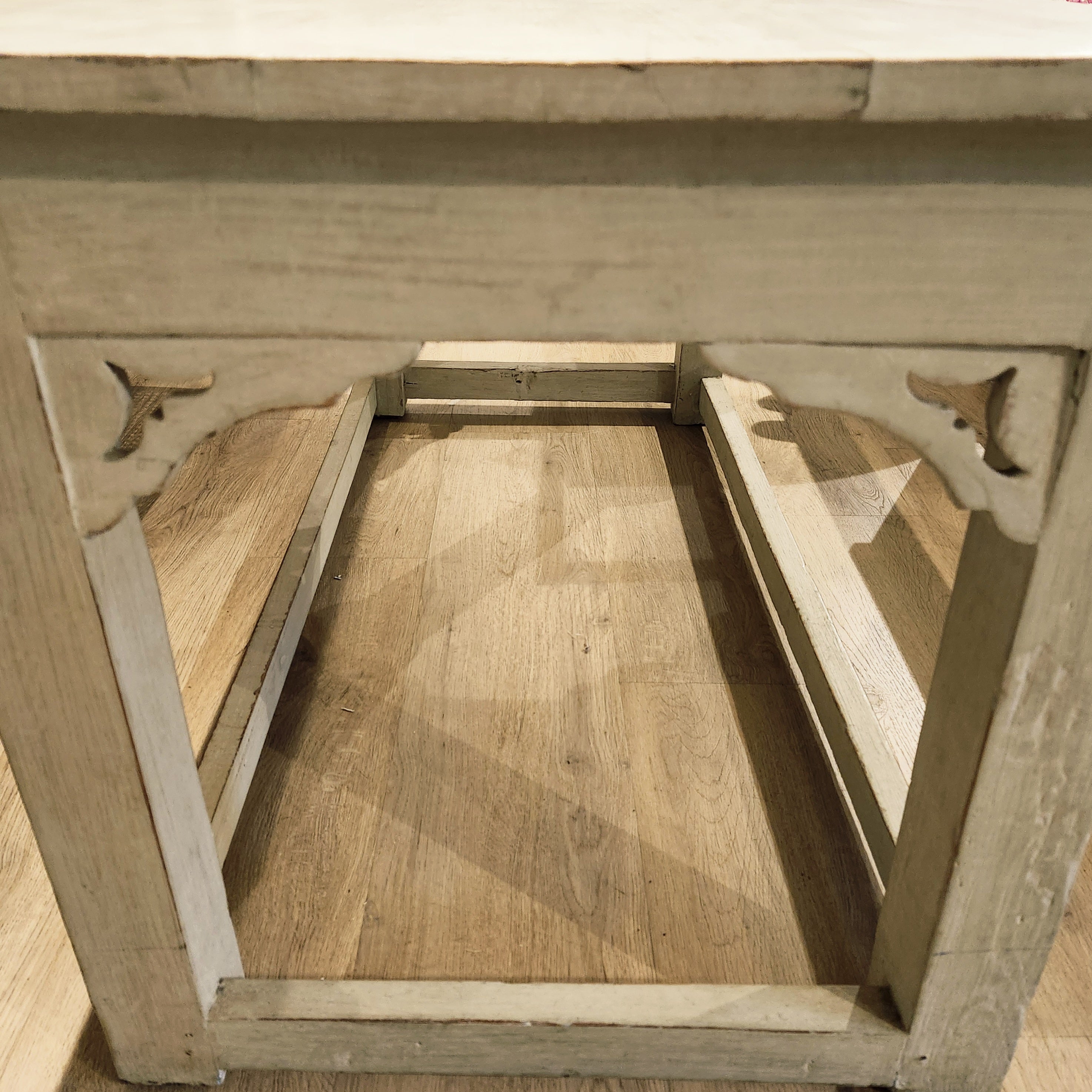 Painted vintage teak table in pale pistachio, distressed finish, 127 x 65 x 66 cm