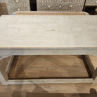 Painted teak table, pistachio, decorative side detail, 66 cm high