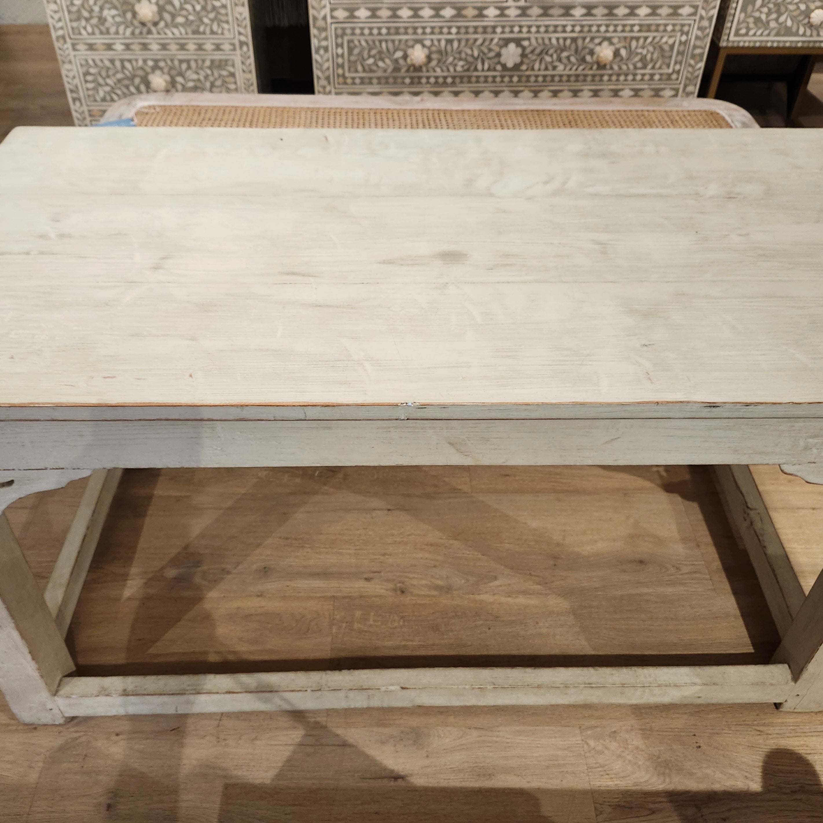 Painted teak table, pistachio, decorative side detail, 66 cm high
