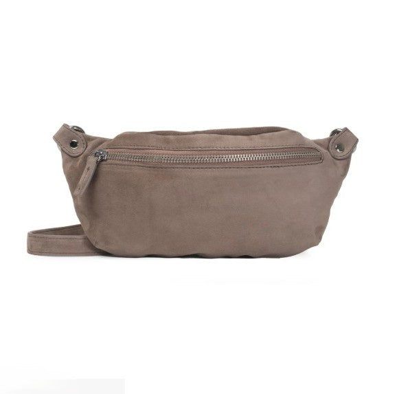 Palermo waist bag in taupe suede, zip closure with hidden back compartment, 12.5 x 4.5 x 28 cm
