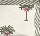 Green palm-tree block-print cotton tablecloth on white