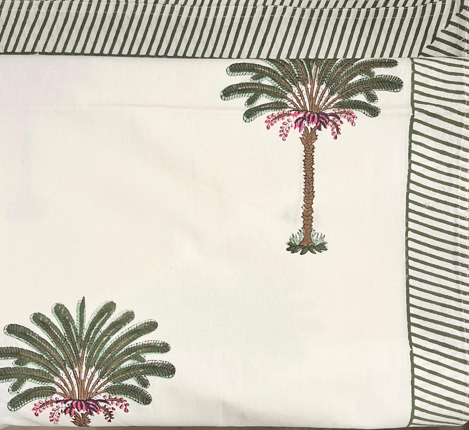 Green palm-tree block-print cotton tablecloth on white