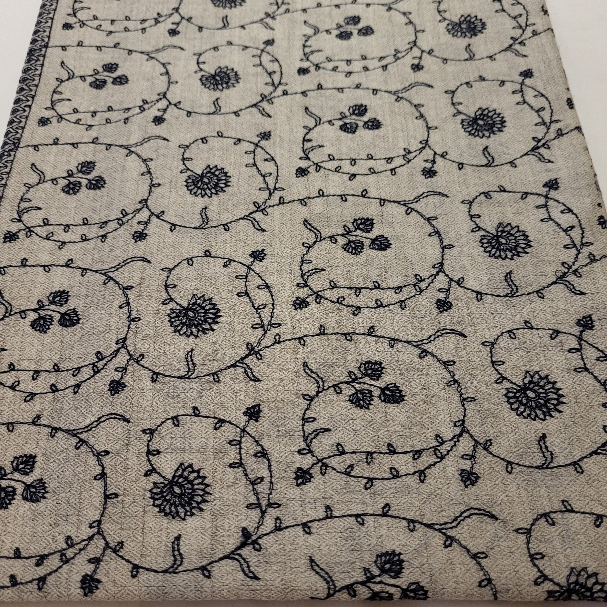 Pashmina with navy floral embroidery on natural ground, 75 x 200 cm