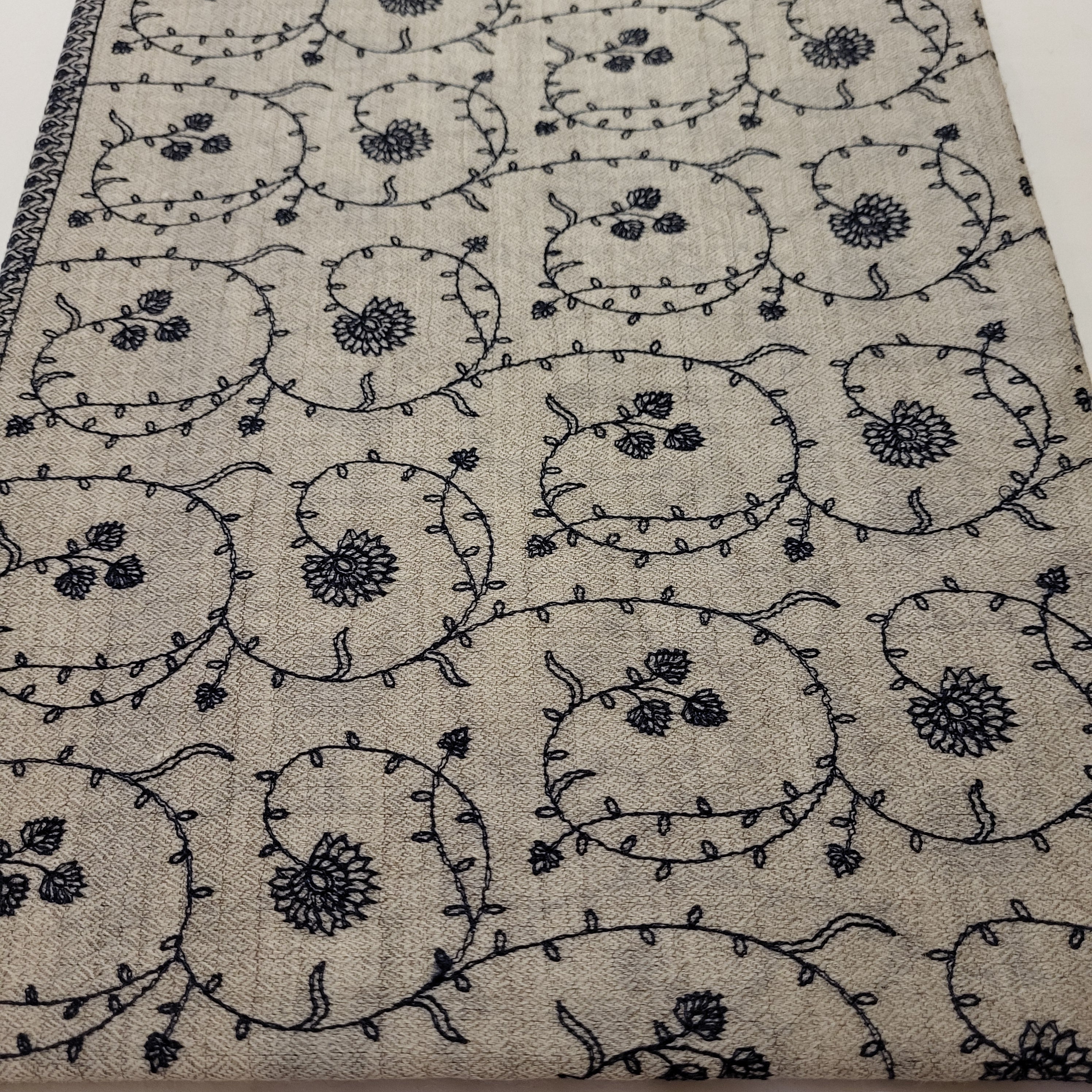 Pashmina with navy floral embroidery on natural ground, 75 x 200 cm